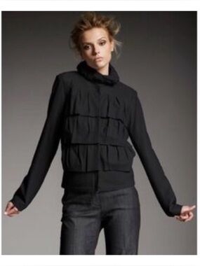 Diane Von Furstenberg Black Tiered Ruffle Zip Bomber Jacket 0 XS